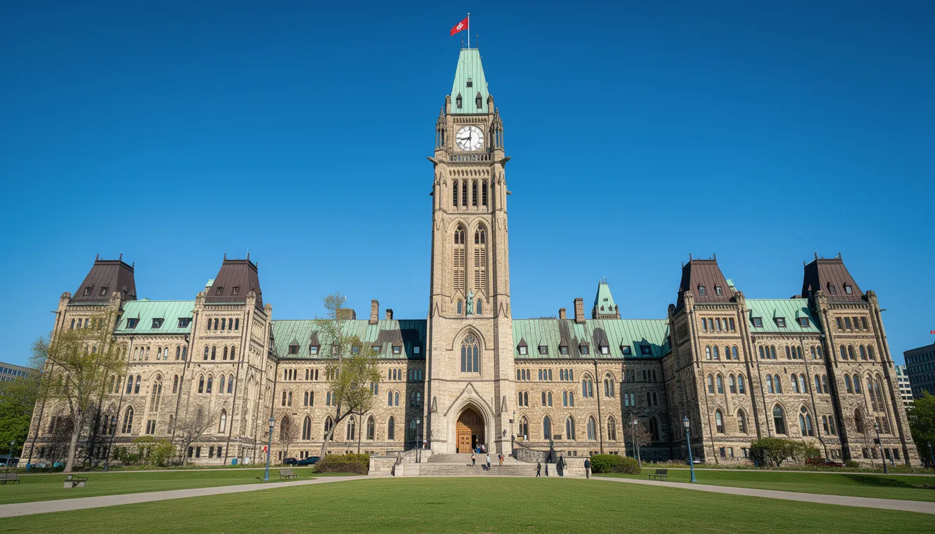 The image depicts the iconic Canadian Parliament buildings set against a clear blue sky, symbolizing the federal government's commitment to sustainable development and the principles outlined in the federal sustainable development strategy. This representation highlights the importance of advancing Canada's sustainable development goals and promoting responsible governance for future generations.