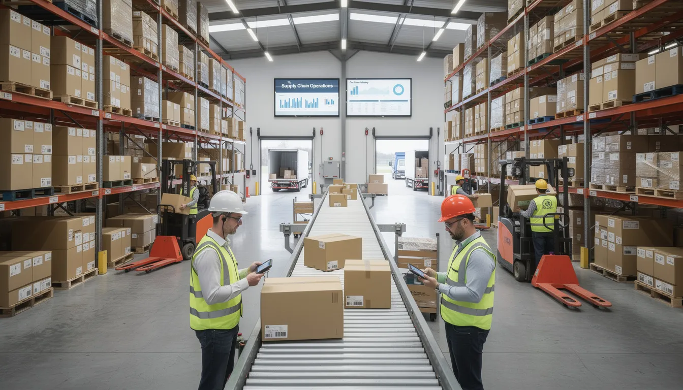 The image depicts warehouse workers engaged in logistics operations, showcasing the dynamic activity of the supply chain. This scene reflects the importance of sustainable development strategies in enhancing efficiency and reducing greenhouse gas emissions within federal organizations.