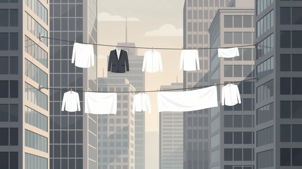 illustration of social washing with laundry hanging between corproate buildings