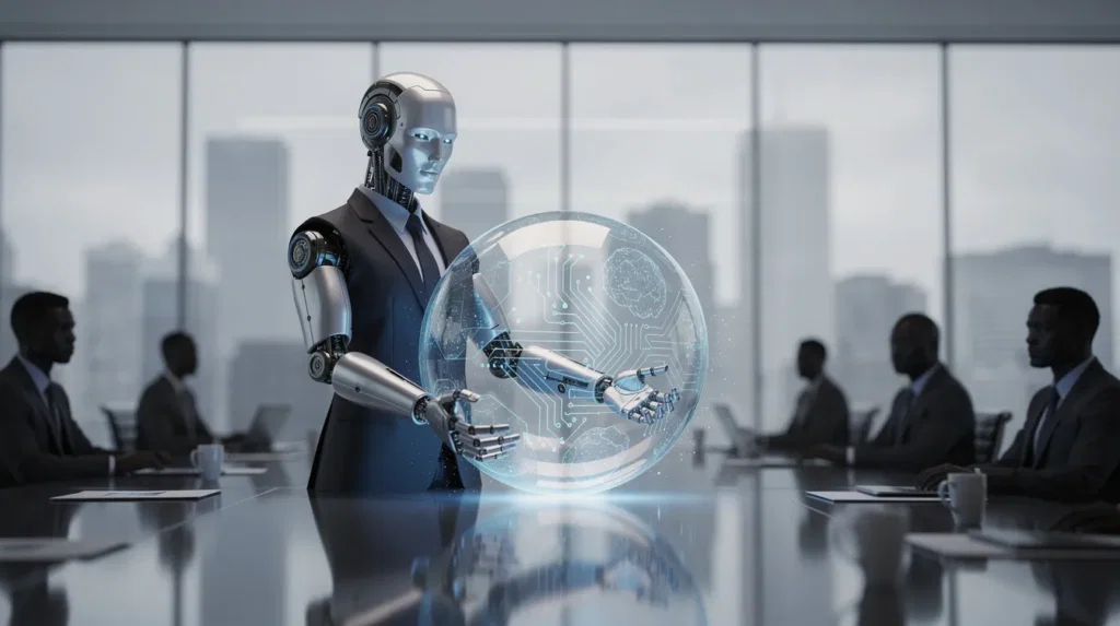 ai washing showing a boardroom with an AI bot in ti.