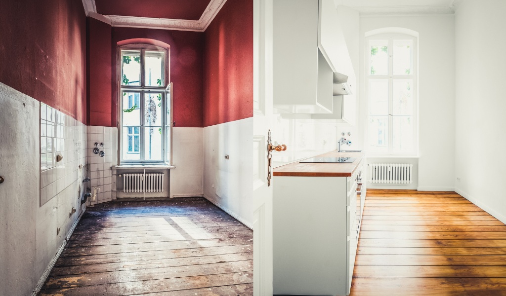 Before and after water damage restoration in a South Florida home interior