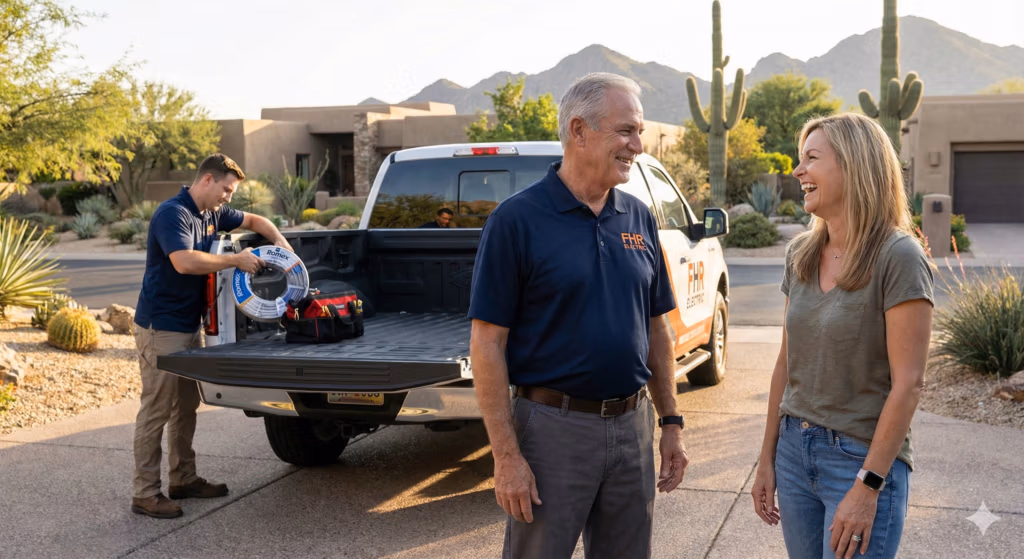 A man and woman talk and smile near a pickup truck emblazoned with the FHR Electric logo, while another man loads equipment in the truck bed in a suburban desert neighborhood.