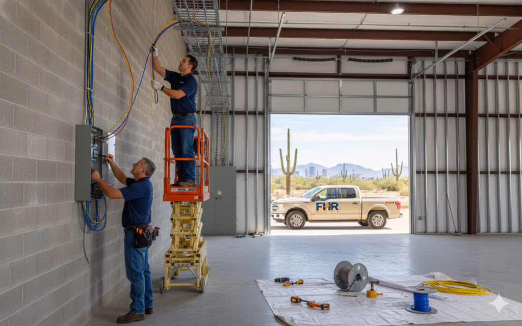 Two electricians provide commercial electrical services in a spacious garage; one works from a lift while the other handles panel upgrades at a circuit box. A pickup truck is parked just outside the open door.