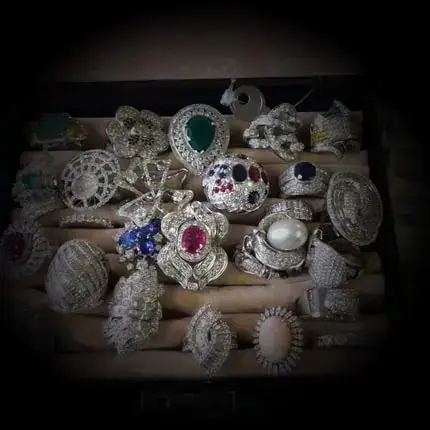 Une collection de bagues ornées, présentées dans un coffret à bijoux, présentant divers modèles et pierres précieuses, dont des diamants, des perles et des pierres de couleur. Les bagues, de tailles et de styles variés, sont soigneusement rangées dans le compartiment.