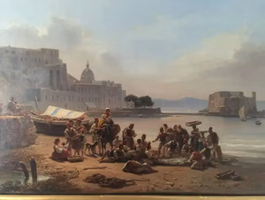 Une scène côtière se déroule, avec des groupes de personnes sur une plage de sable, animée par l'activité. Des bateaux sont amarrés à proximité, et un grand bâtiment surmonté d'un dôme se dresse fièrement en arrière-plan. Le ciel, généralement dégagé, est orné de légers nuages. Cette description vivante enchante, invitant à explorer, voire à acquérir, un morceau de ce paysage serein.