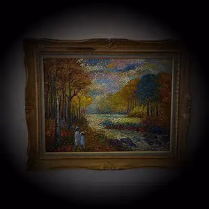 Un tableau encadré représentant un paysage d'automne pointilliste et vibrant. De grands arbres aux feuilles colorées bordent un sentier près d'une rivière calme. Deux personnages marchent sur un sentier à gauche, baignés par les riches teintes automnales.