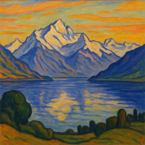 Peinture colorée de montagnes enneigées se reflétant dans un lac calme au coucher du soleil, avec des nuages orange, de l'eau bleue et des buissons verts au premier plan, inspirée des techniques symbolistes rappelant le peintre suisse Ferdinand Hodler.