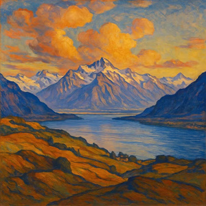 Une peinture vibrante dans le style du peintre suisse Ferdinand Hodler représente des montagnes enneigées se reflétant dans un lac calme au coucher du soleil, des nuages dorés au-dessus et des collines ondulantes aux teintes orange et vertes, faisant écho à la beauté du symbolisme.