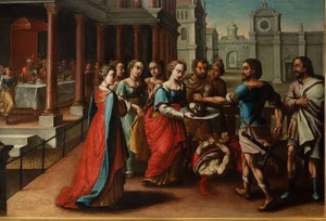 Une peinture classique représente plusieurs hommes et femmes élégamment vêtus dans une cour. Au premier plan, un groupe se rassemble autour d'un homme central tenant un plateau. À l'arrière-plan, des personnes dînent devant un grand bâtiment à colonnes.