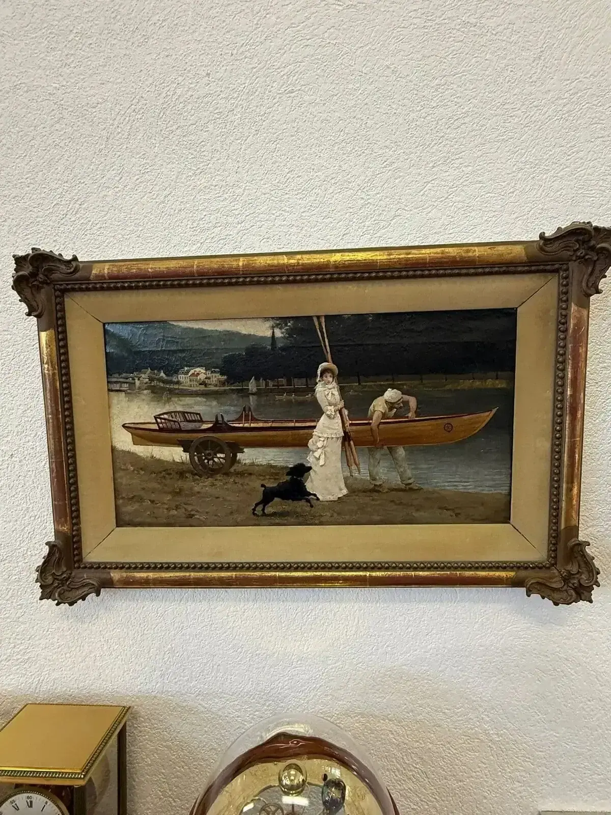 Peinture ancienne d’un couple au bord d’une barque