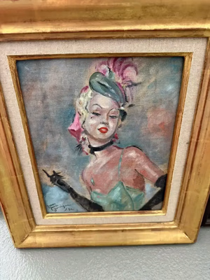 Portrait peint d'une femme élégante au chapeau vert