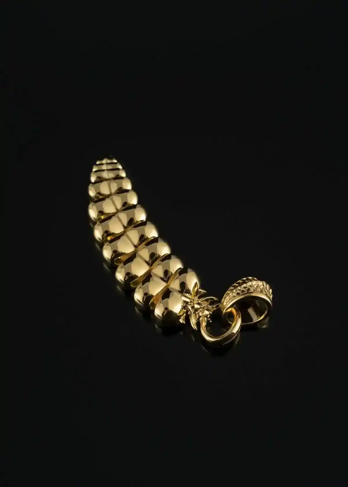 Intricate golden jewelry piece resembling a dragon tail on a black background.