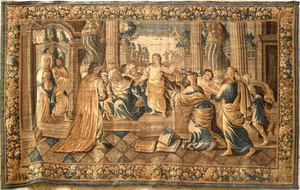 Tapisserie ancienne représentant une scène religieuse intérieure.