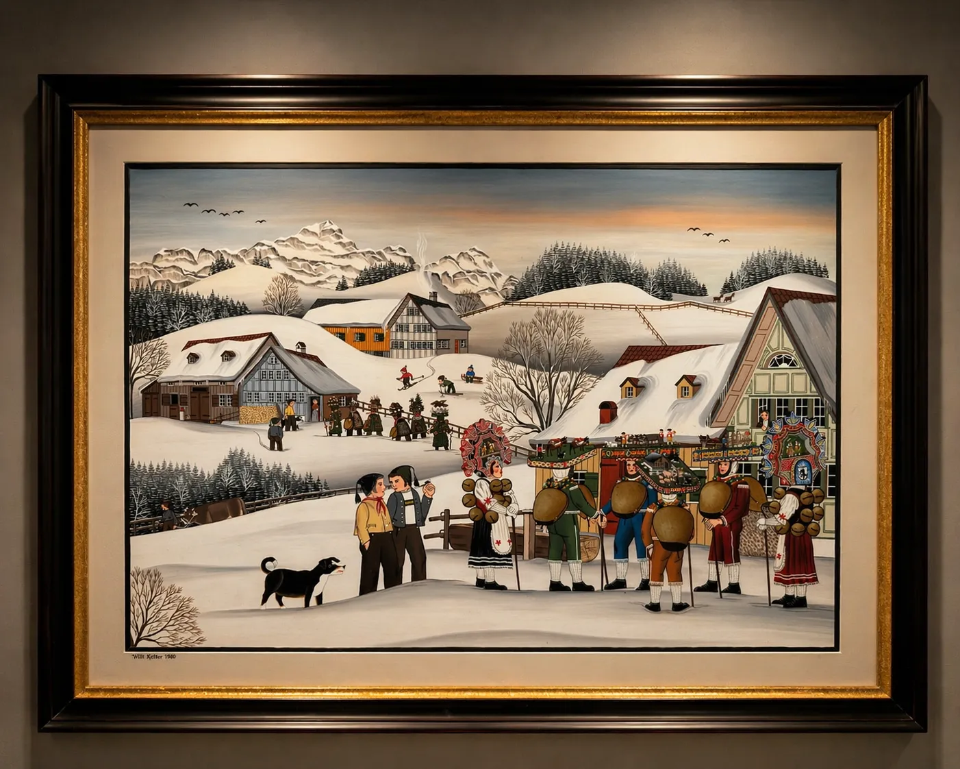 Scène hivernale alpine avec village et costumes traditionnels