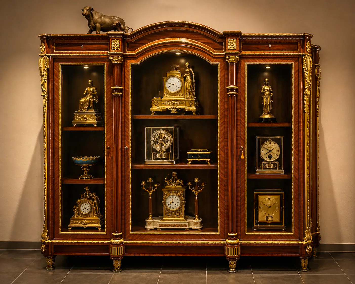 Vitrine en bois précieux avec horloges anciennes