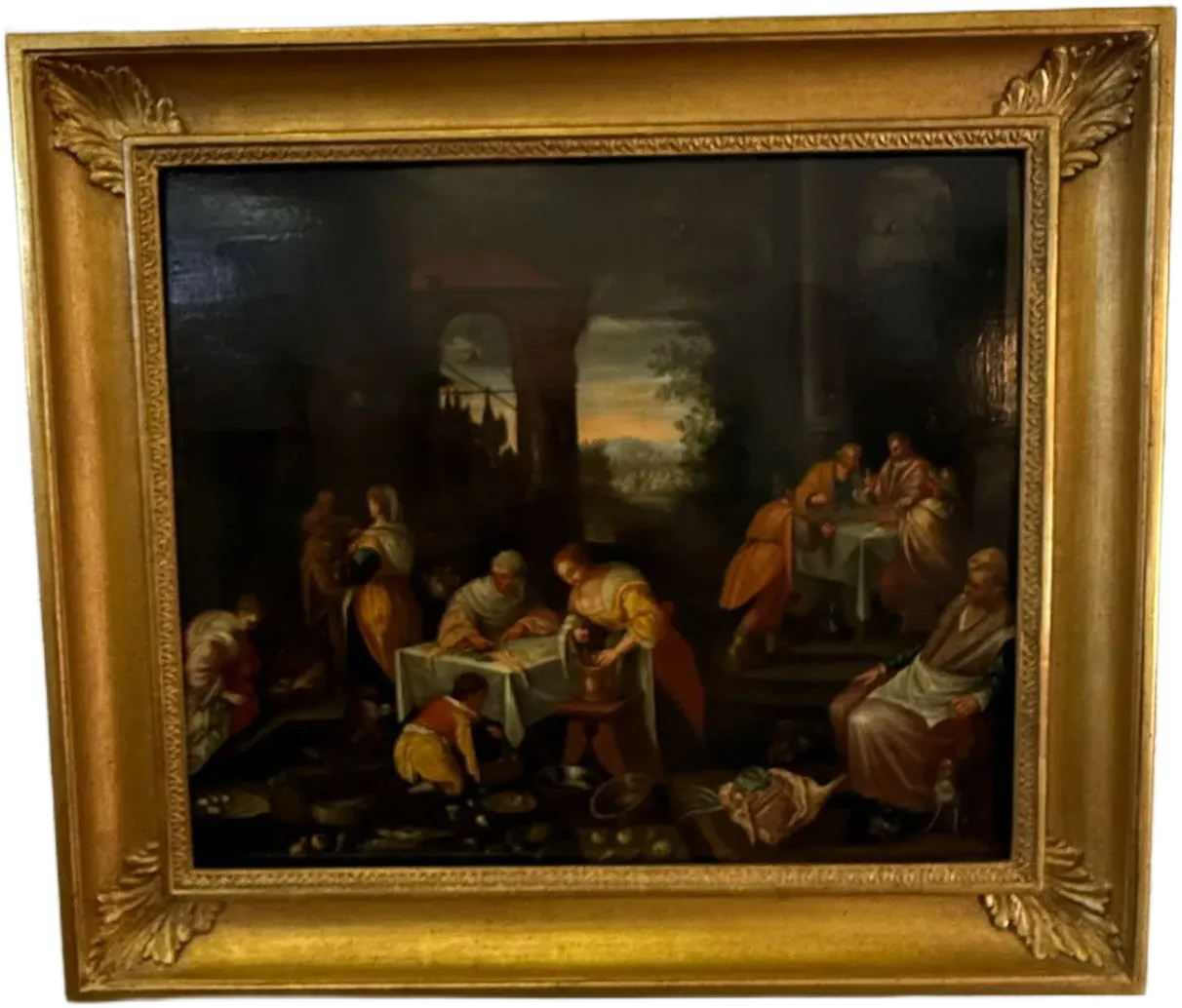 Scène biblique ancienne dans intérieur sombre