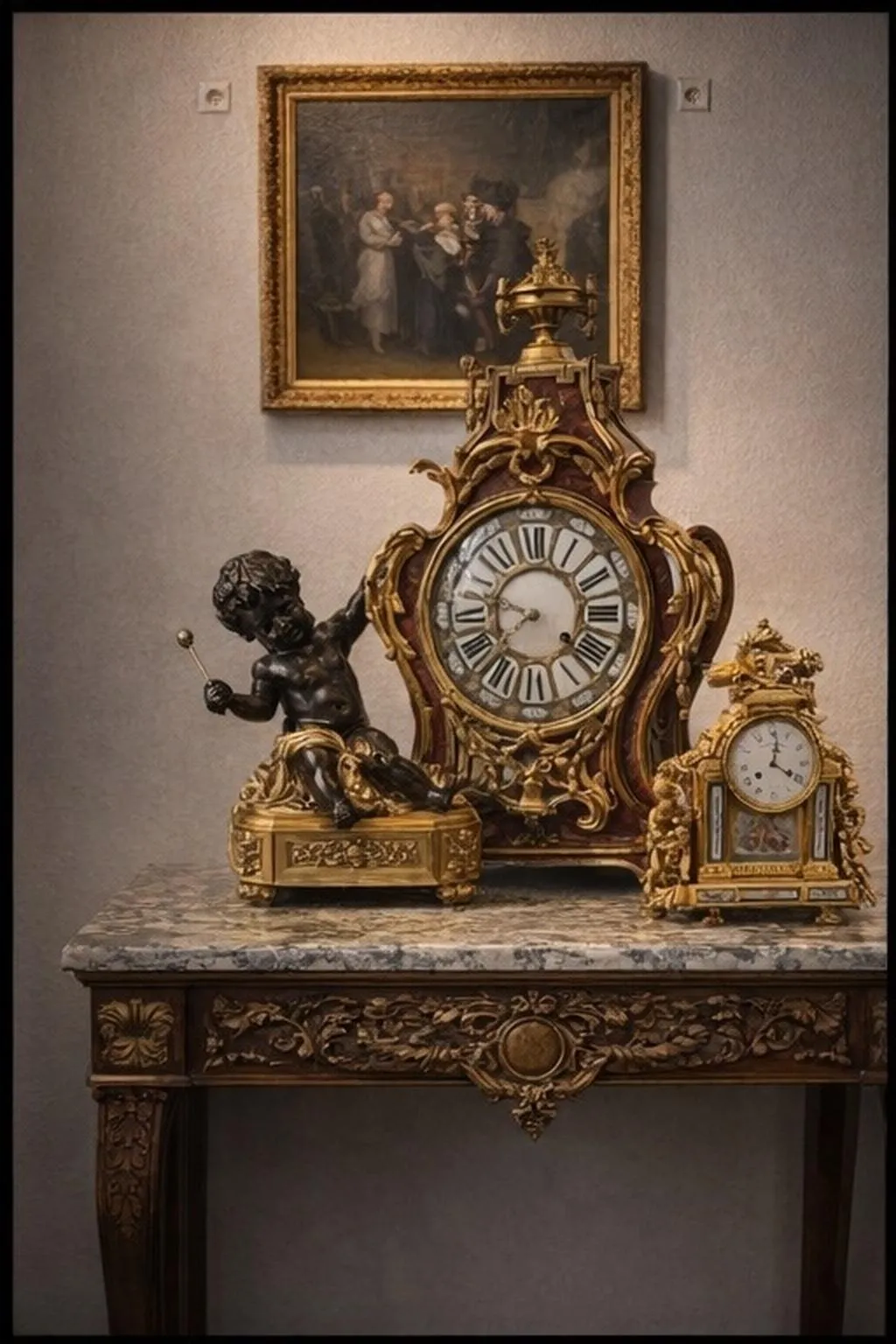 Horloges anciennes dorées sur console sculptée
