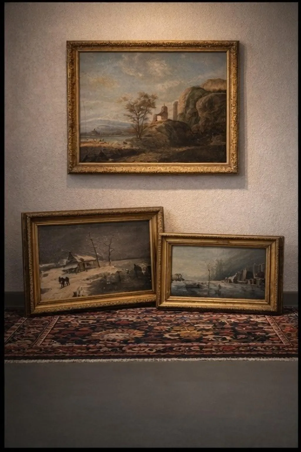 Trois tableaux paysagers encadrés sur un mur