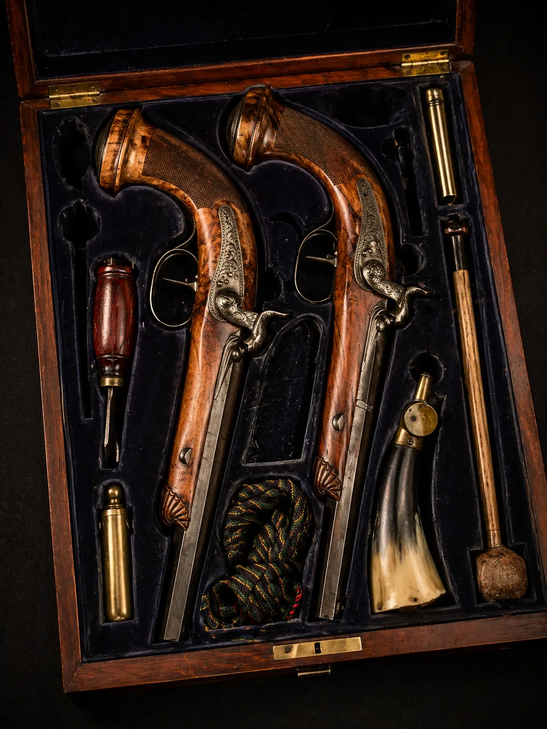 Coffret de pistolets anciens avec accessoires