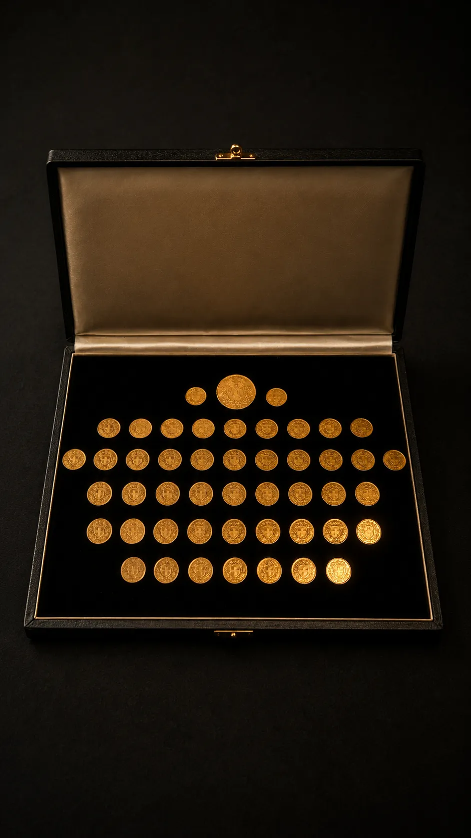 Coffret ouvert présentant collection de pièces d’or
