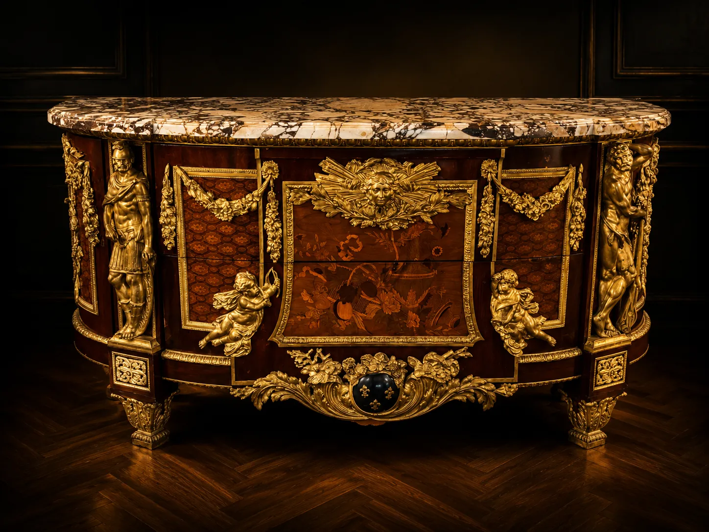 Commode Louis XVI en marqueterie et bronze doré