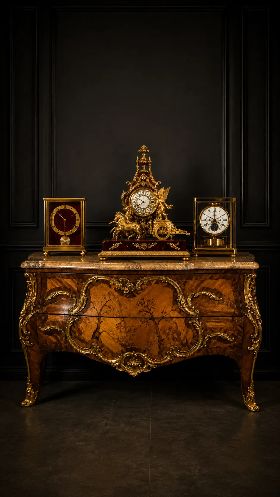 Commode ancienne et horloges dorées décoratives