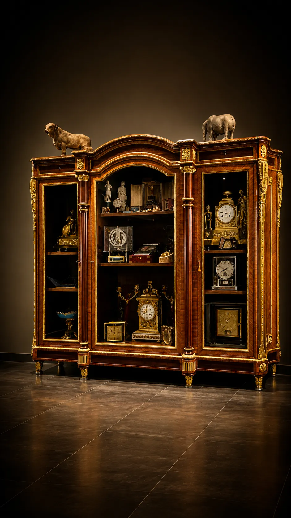 Armoire ancienne ornée remplie d’horloges anciennes