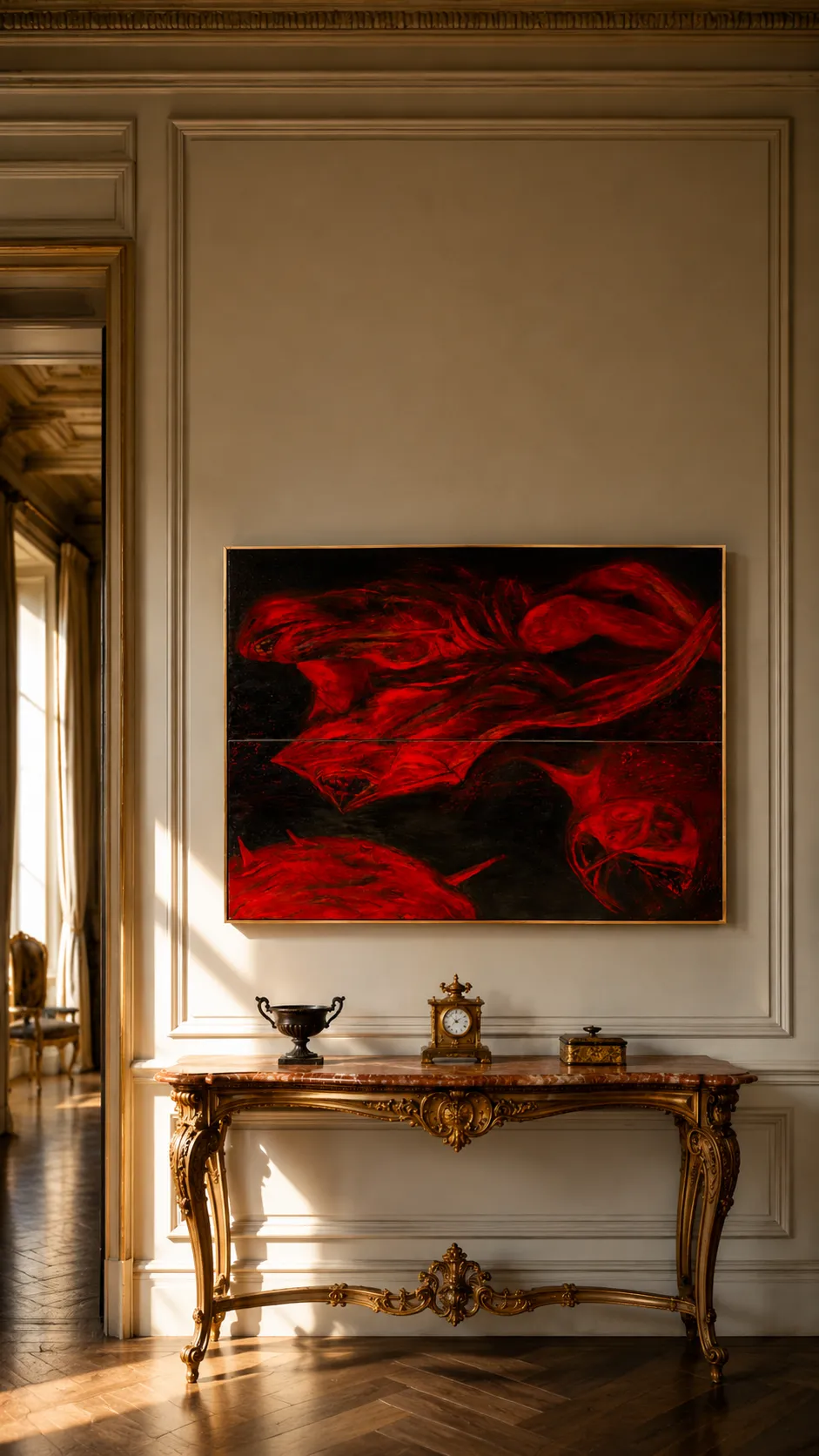 Table console dorée sous peinture abstraite rouge