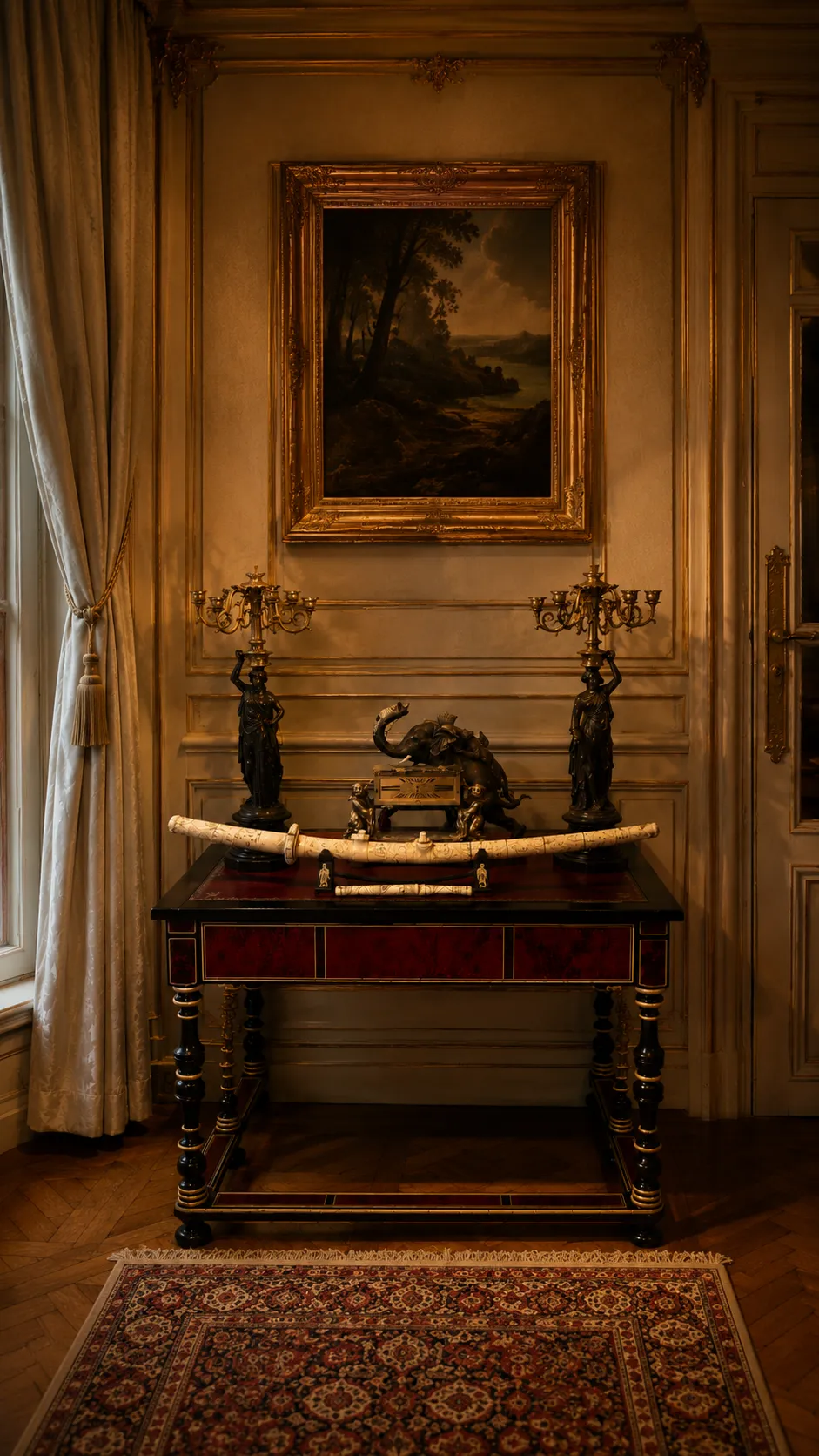Console ancienne avec candélabres et tableau classique