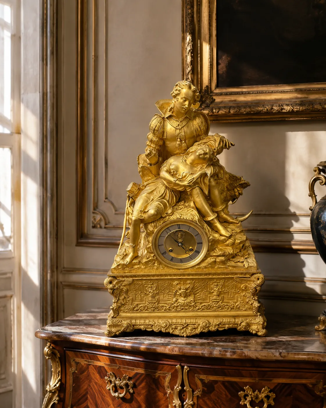 Pendule dorée sculptée style ancien sur commode