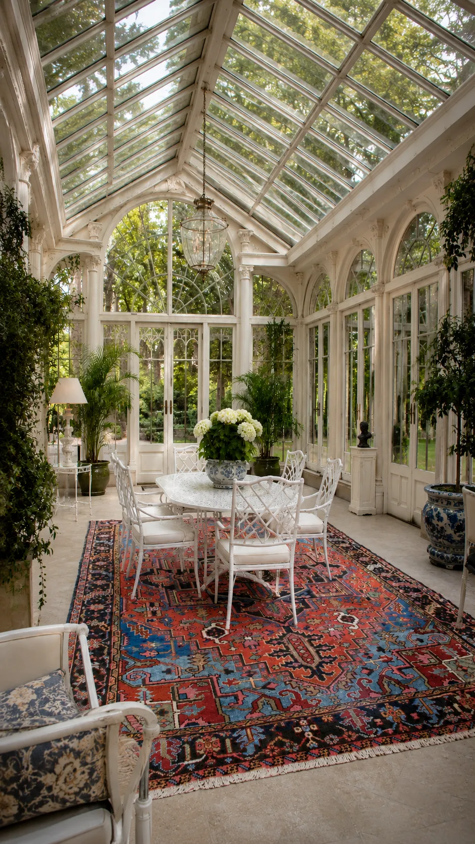 Véranda lumineuse avec mobilier blanc et tapis coloré
