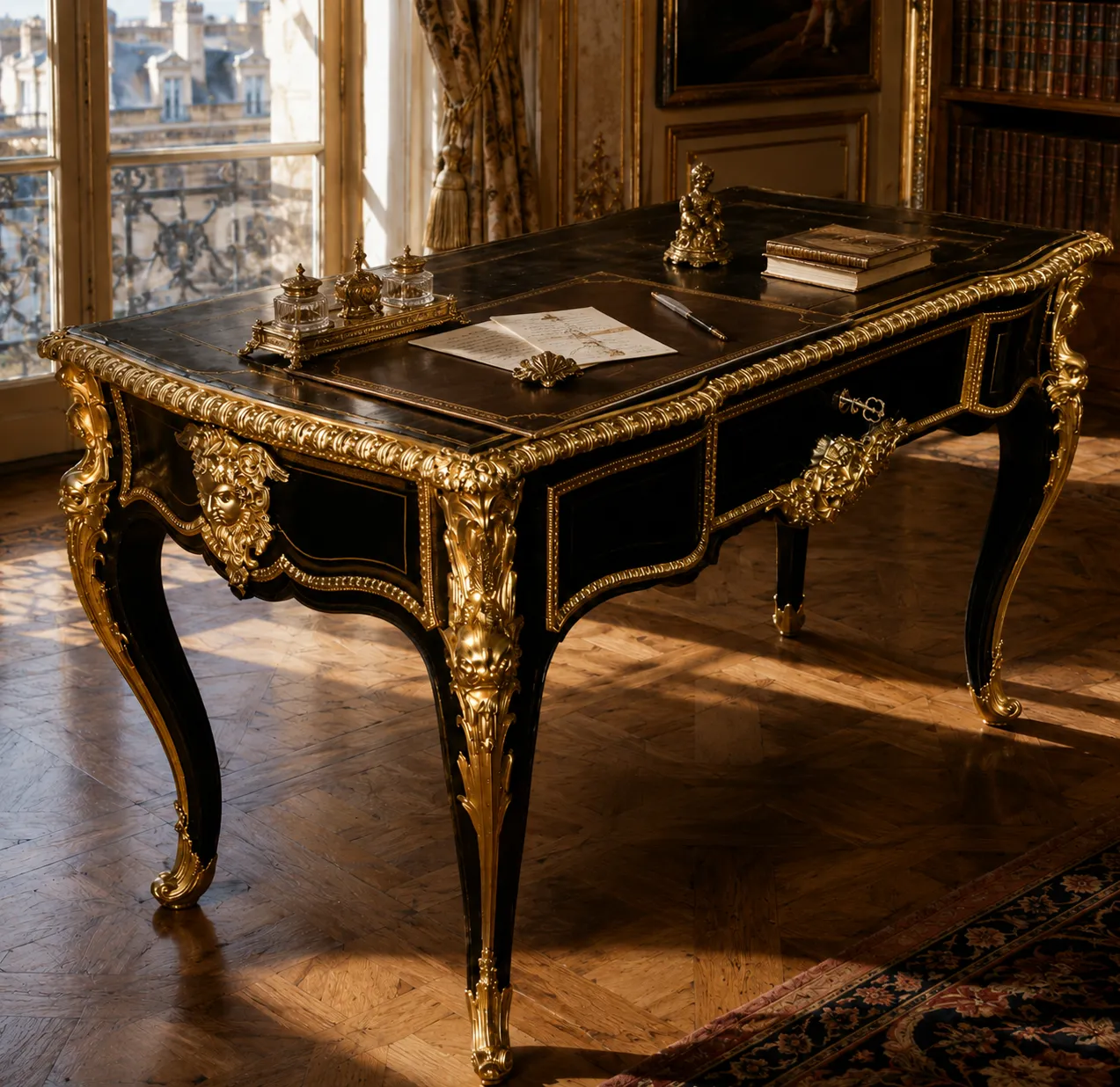 Bureau Louis XV noir et doré luxueux