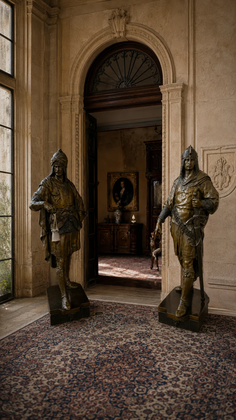 Statues de gardes en bronze encadrant une porte