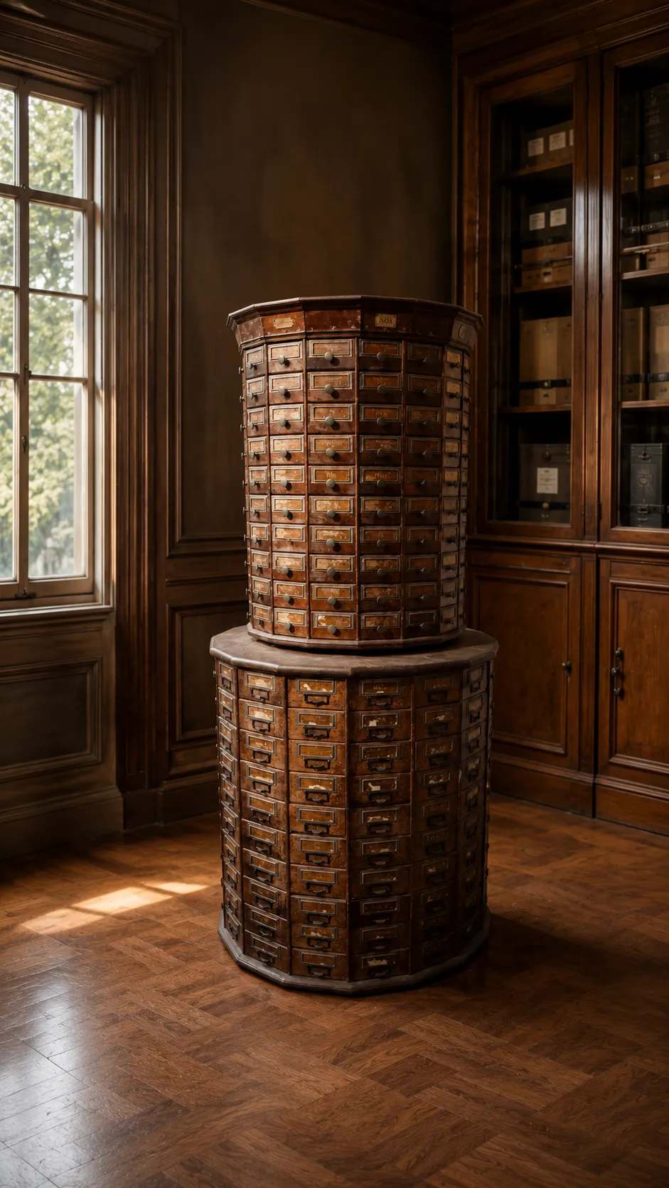 Meuble de fiches ancien en bois cylindrique