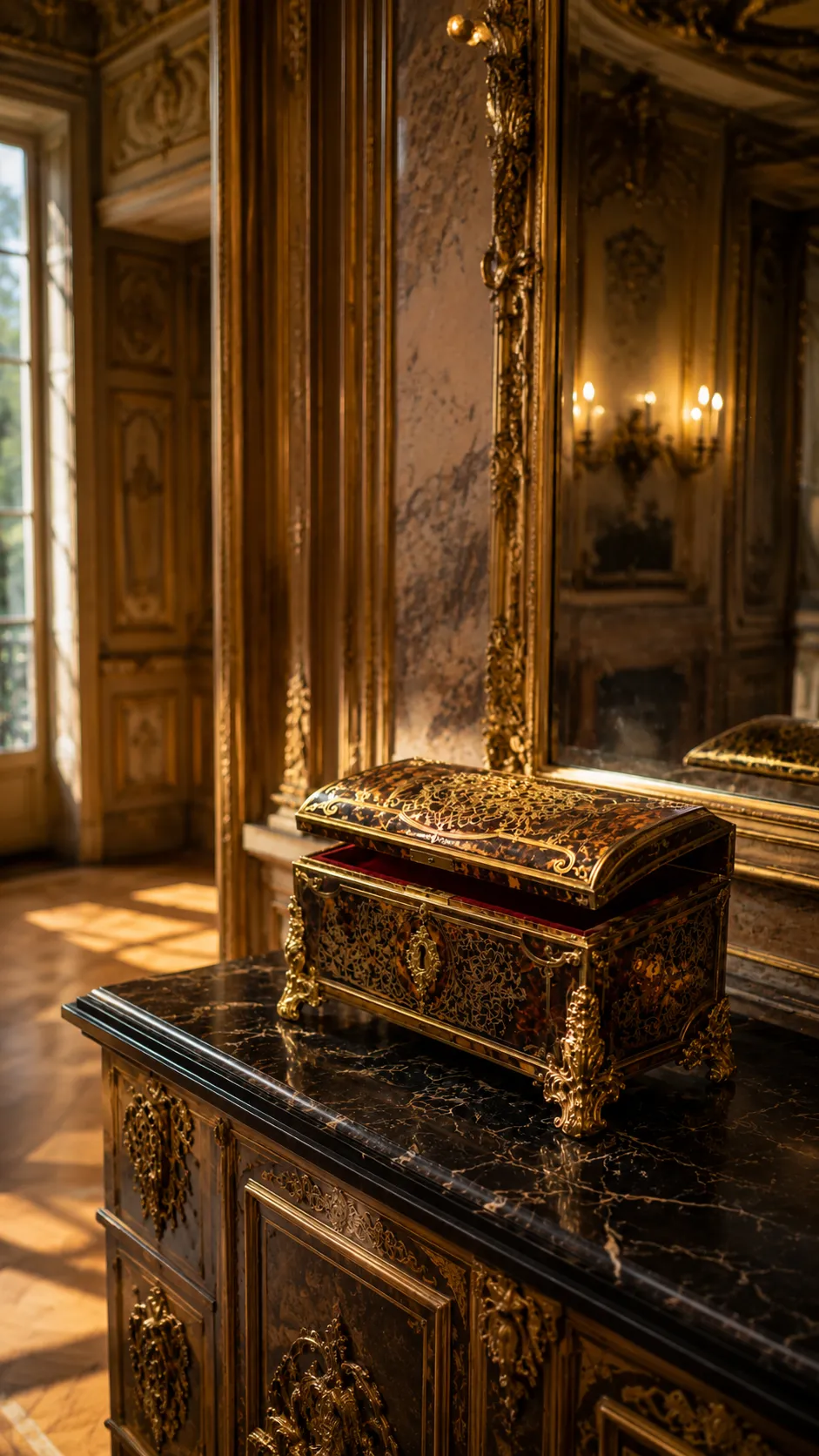 Coffret ancien doré sur commode en marbre