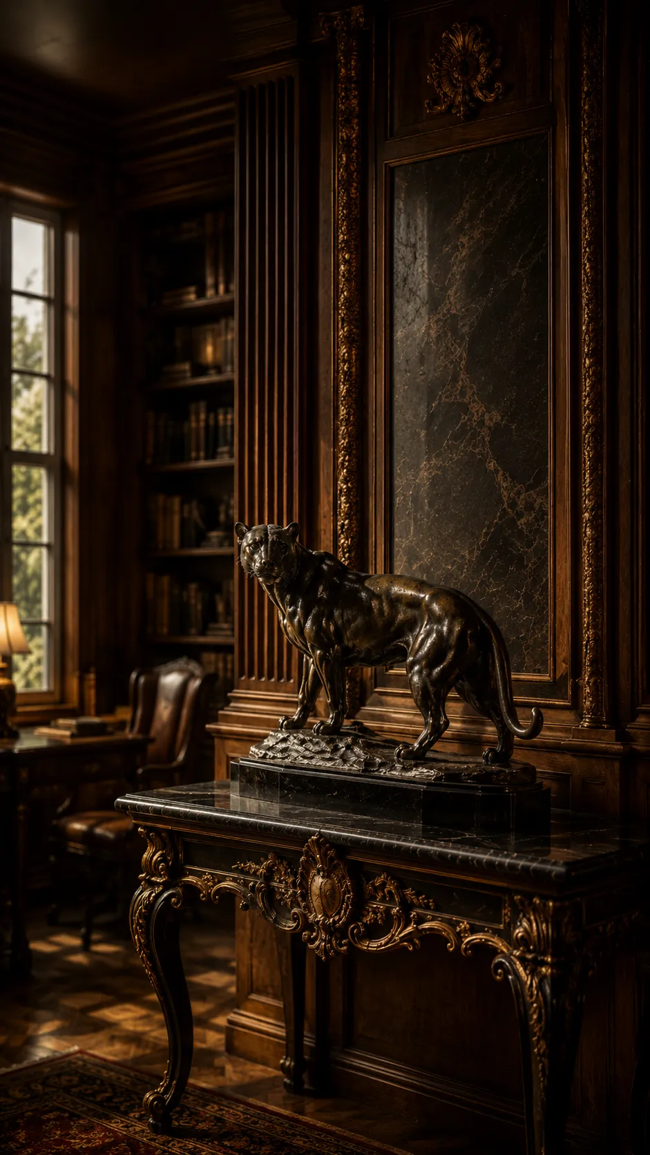 Statue de panthère en bronze dans bibliothèque luxueuse