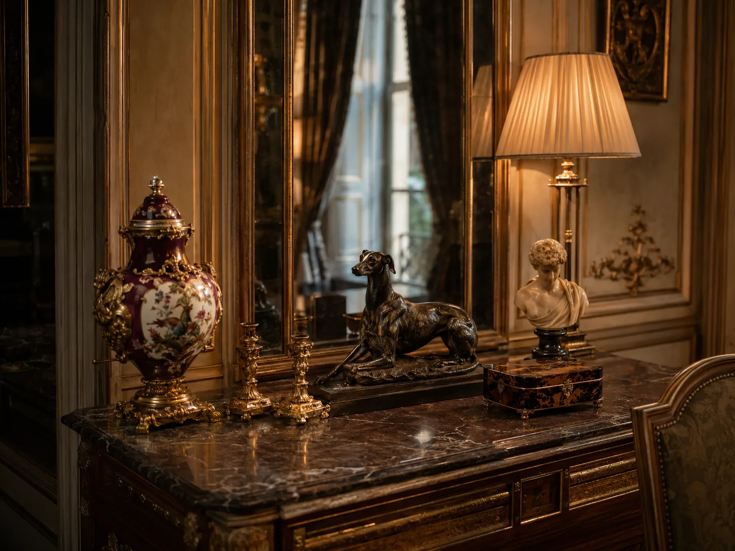 Console en marbre avec objets d’art classiques