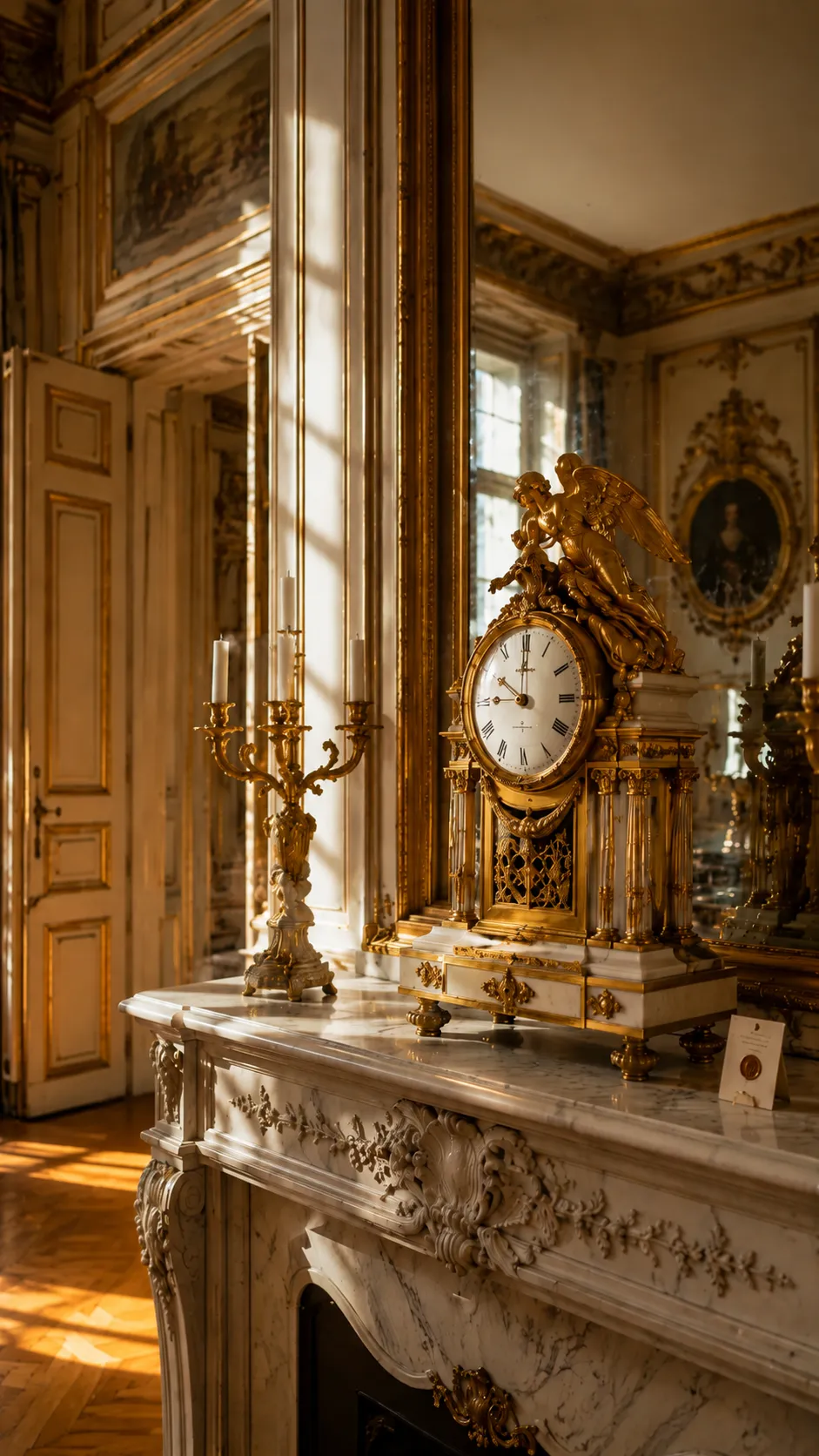 Horloge dorée ancienne sur cheminée en marbre
