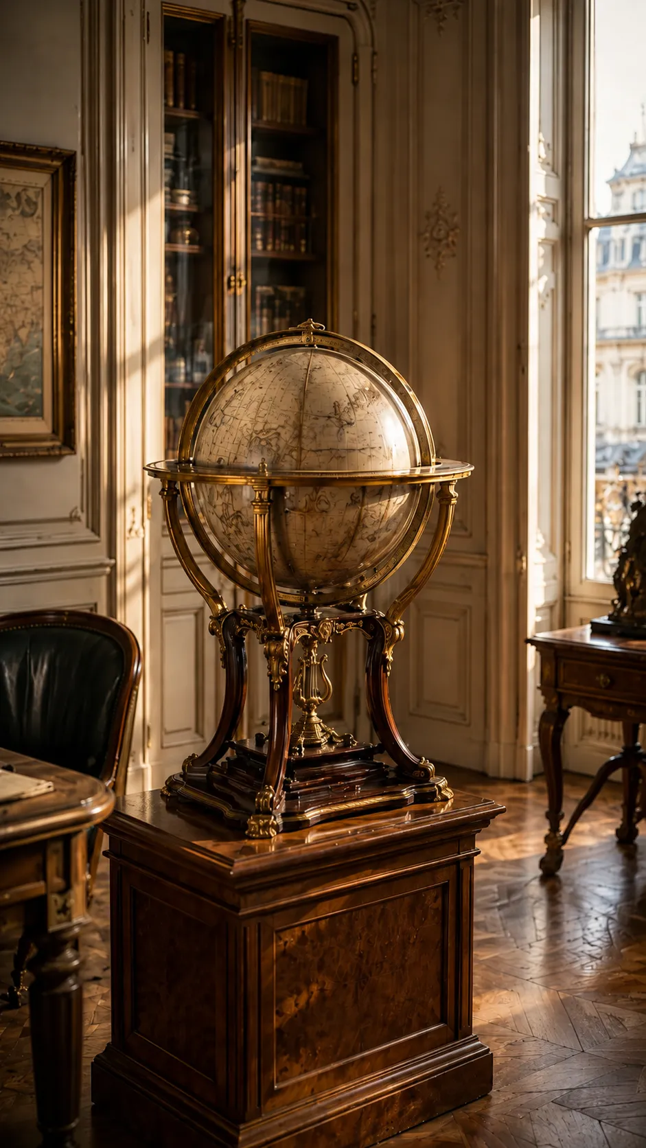 Globe terrestre ancien sur meuble en bois