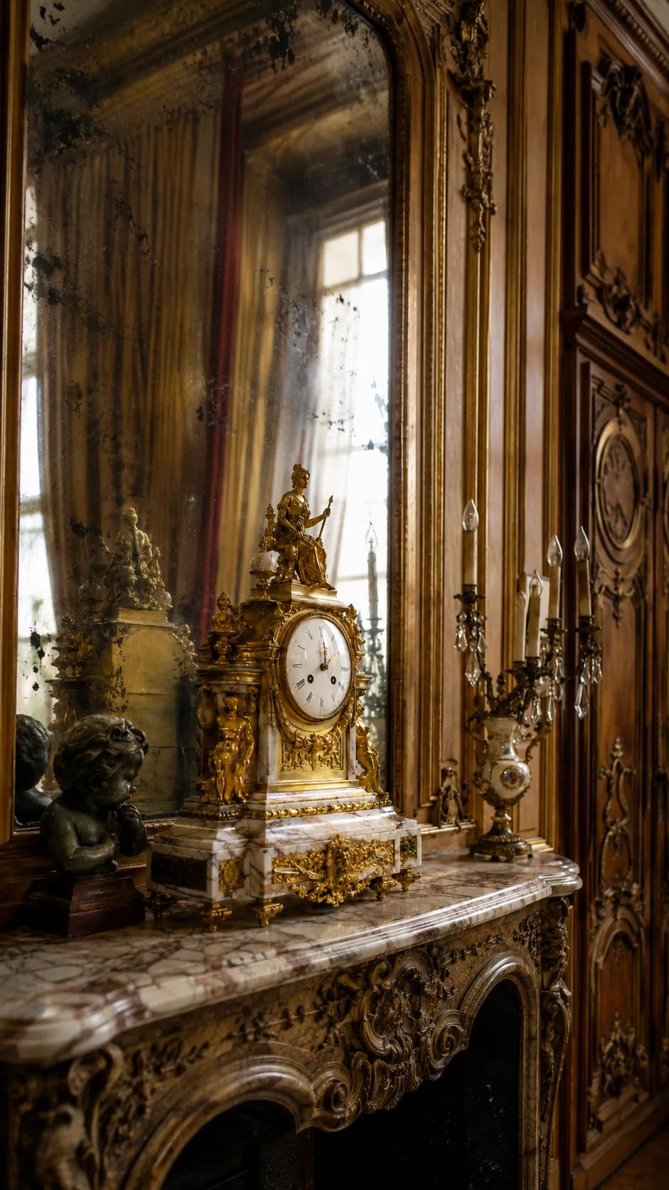 Pendule ancienne dorée sur cheminée en marbre