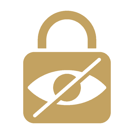 Un cadenas doré avec un œil barré, symbolisant la confidentialité ou l'accès restreint, sur fond noir.