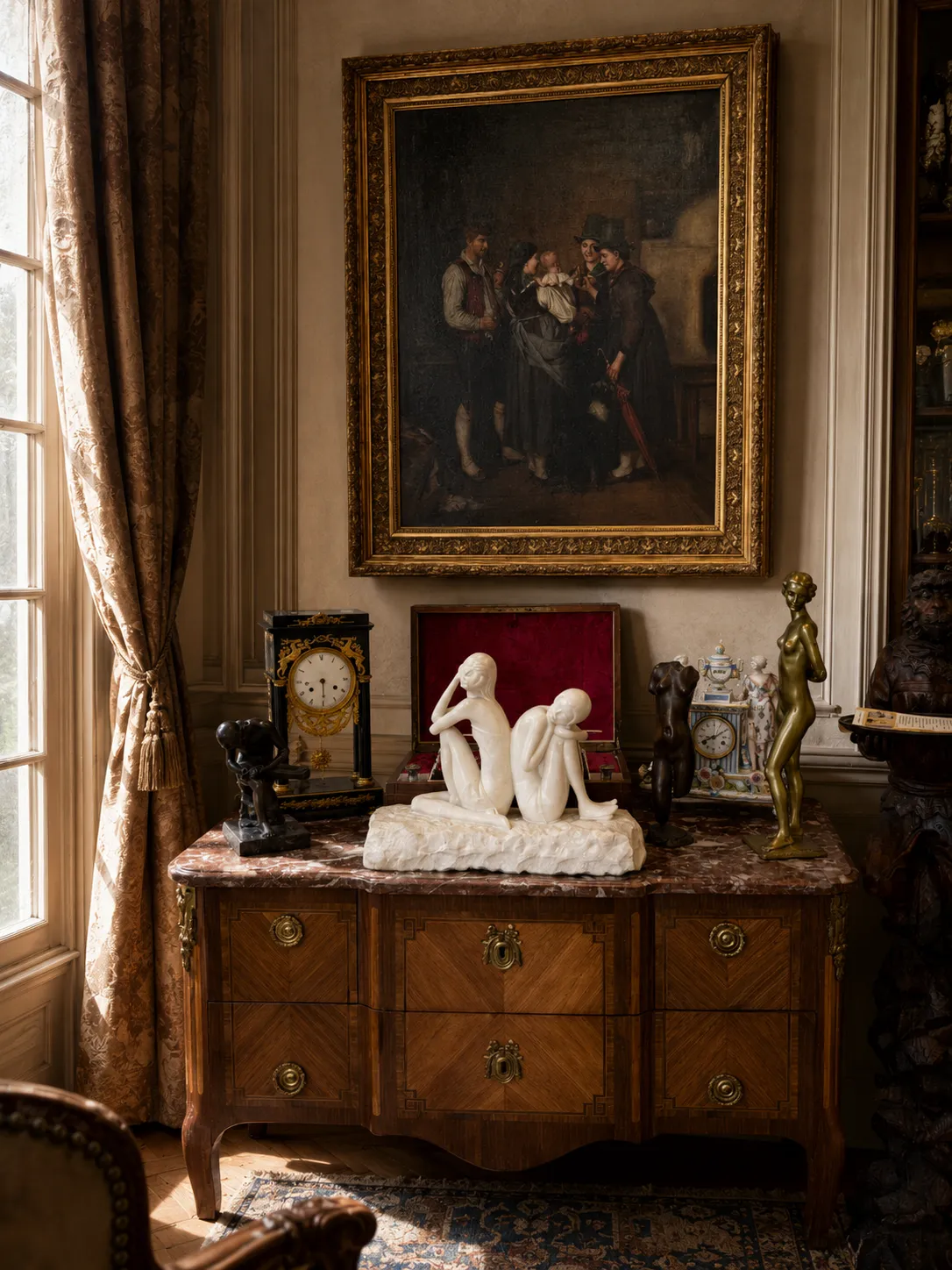Commode ancienne décorée sous grand tableau classique