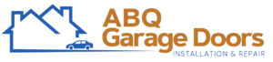 ABQ Garage Doors logo: blue house-outline graphic with a small car, plus orange text 'ABQ Garage Doors' and blue 'INSTALLATION & REPAIR' below.