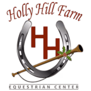 Logo for Holly Hill Farm Equestrian Center featuring a horseshoe, two interlocking Hs, and a riding crop decorated with holly leaves and berries. The farm name curves above, and Equestrian Center is below.