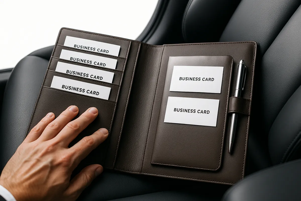 A leather travel portfolio on a car seat with business cards and a pen, highlighting professionalism in travel.