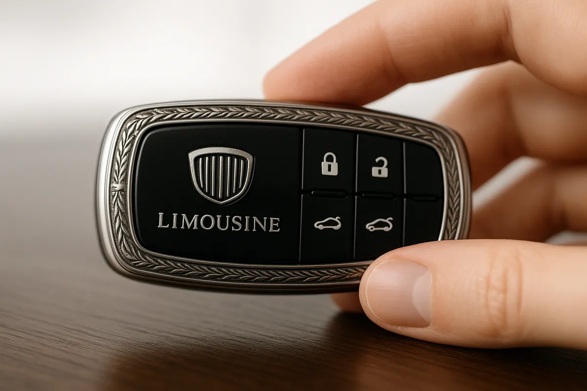 A close-up of a luxury limousine key fob held delicately, highlighting its sleek design and craftsmanship.