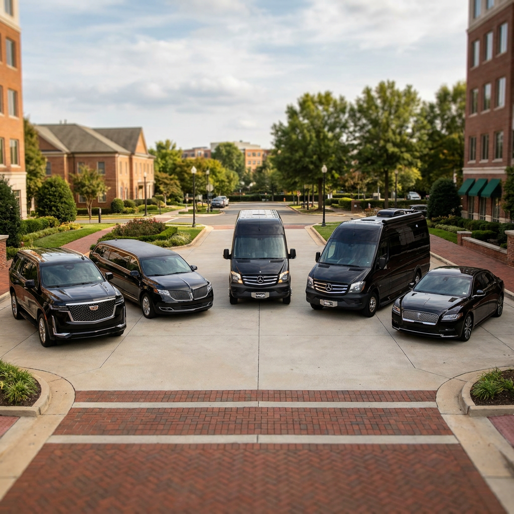 Luxury Washington DC private transportation fleet with black sedans and vans.