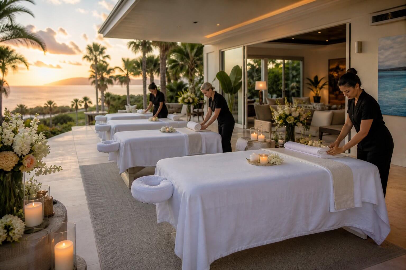 Luxury Mobile Spa Party Ideas for SoCal Birthdays, Bridal Showers & Events 1 Luxury mobile spa party in a Southern California coastal home with massage tables, professional therapists, candles, flowers, and elegant wellness decor for a birthday or bridal shower celebration.