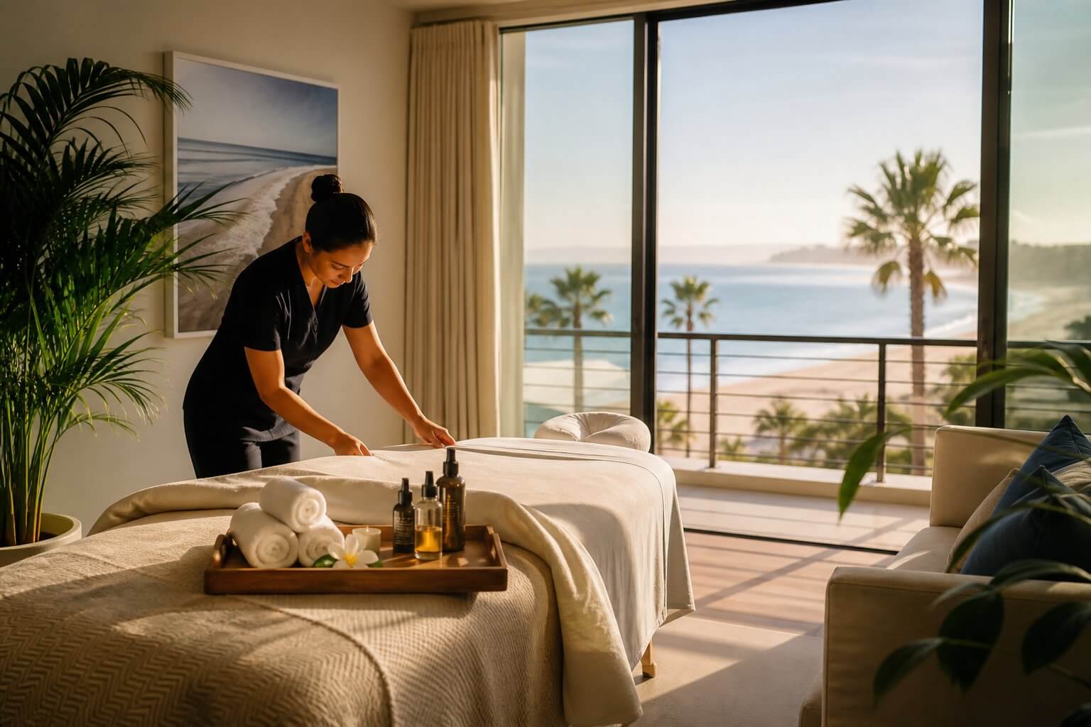 The Benefits of Booking Mobile Massage for Vacation Rentals, Hotels, and Airbnb Stays 2 A professional massage table set up inside a stylish Southern California vacation rental facing an ocean-view balcony, with luxury linens, rolled towels, aromatic oils, and tropical plants, representing in-home mobile massage for Airbnb and hotel stays.