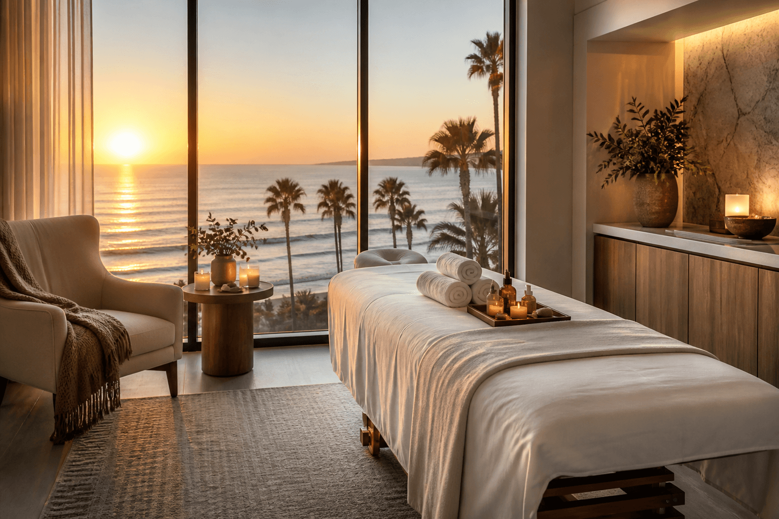 mobile-massage-vacation-rental-hotel-suite-ocean-view A luxury Southern California hotel suite or vacation rental transformed into a mobile massage spa sanctuary with a massage table, warm linen towels, candles, and essential oils overlooking the ocean and palm trees at sunset.